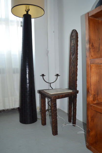 Black Carved Wood Base Floor Lamp