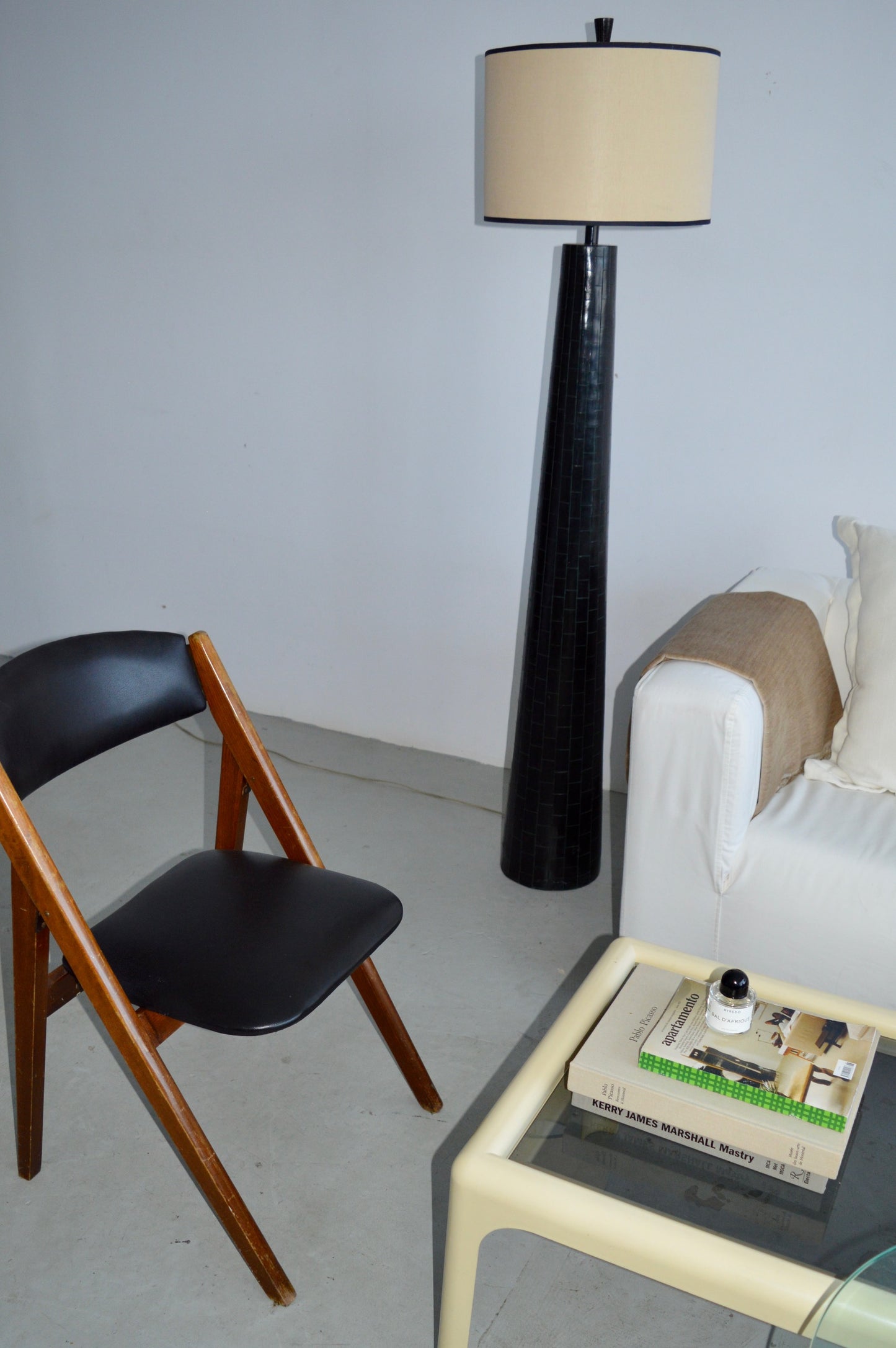 Black Carved Wood Base Floor Lamp