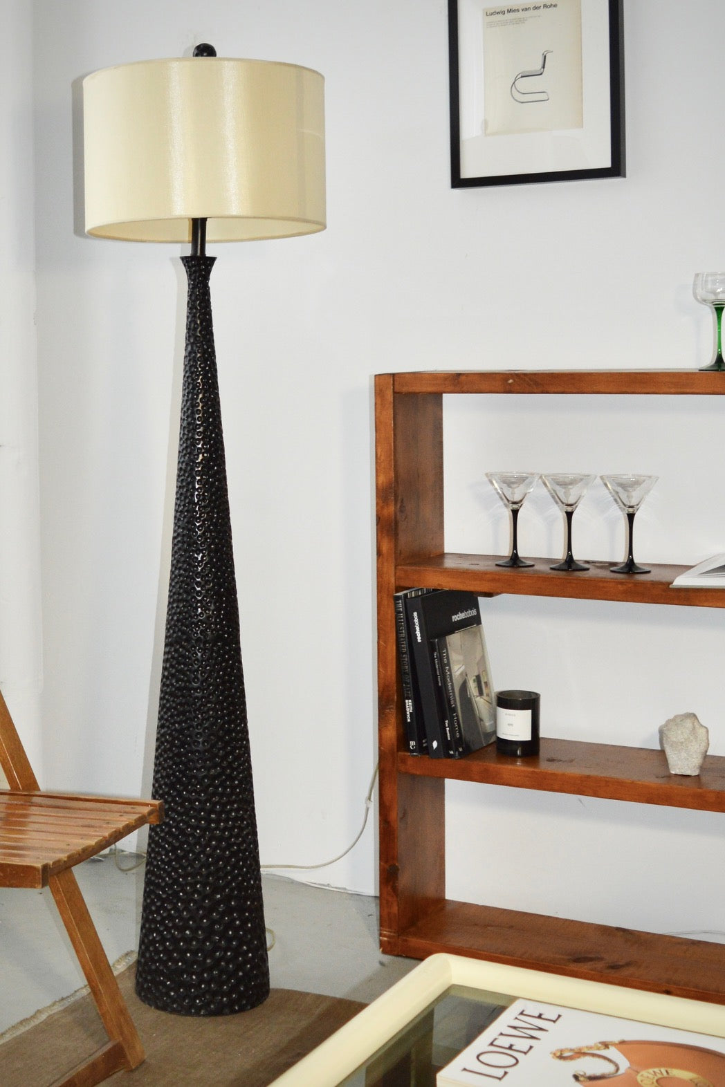 Black Hand-Gouged Wood Base Floor Lamp