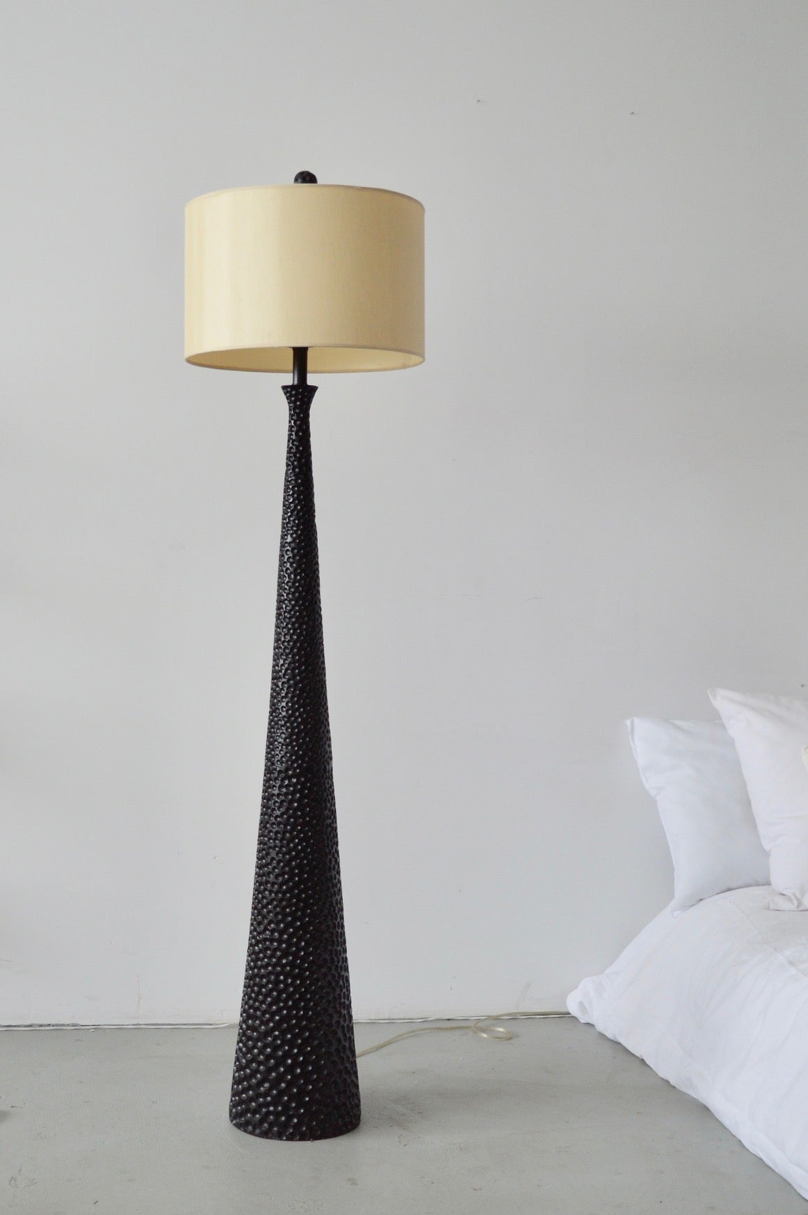 Black Hand-Gouged Wood Base Floor Lamp