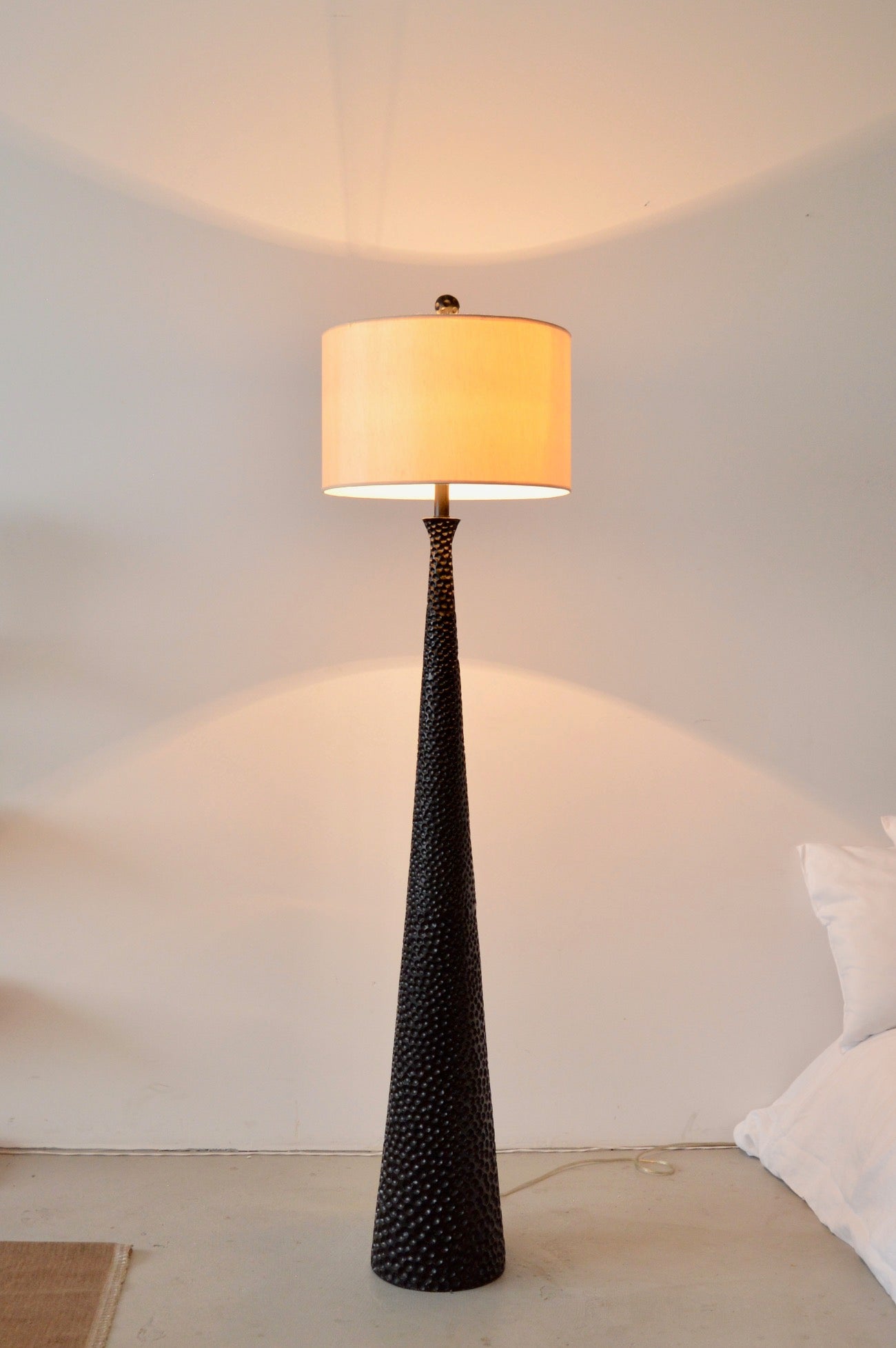 Black Hand-Gouged Wood Base Floor Lamp